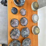 Tigelas em Ágata Roxa/Ametista com Acabamento Dourado 9 Peças