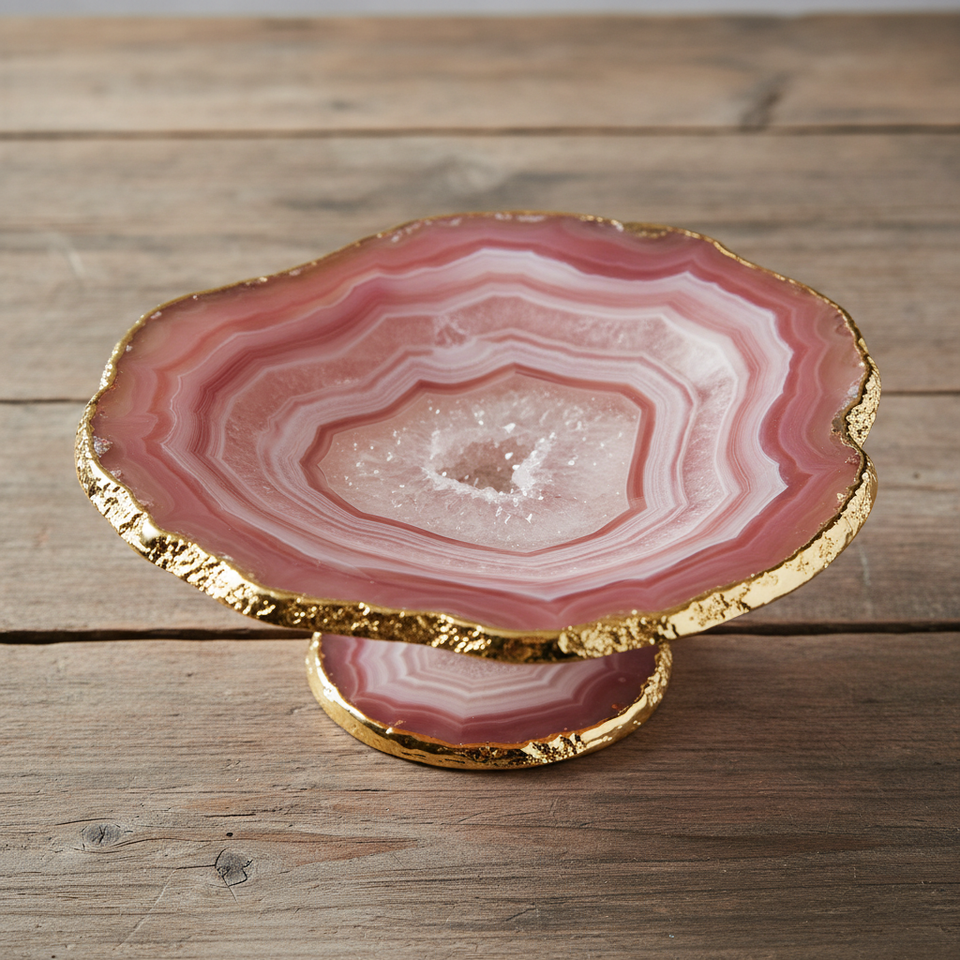 Fruteira de Quartzo rosa Natural com Pedestal Dourado